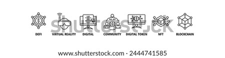 Metaverse banner web icon vector illustration concept with icon of defi, virtual reality, digital asset, community, digital token, nft, blockchain and ecosystem