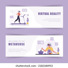 Metaverse banners. Elderly women wearing VR headset. Virtual reality and Cyberspace. Modern technology entertainment. Vector illustration in flat cartoon style.