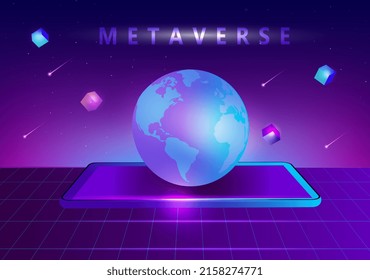 Metaverse and blockchain concept, the word Metaverse virtual reality and augmented reality technology vector illustration