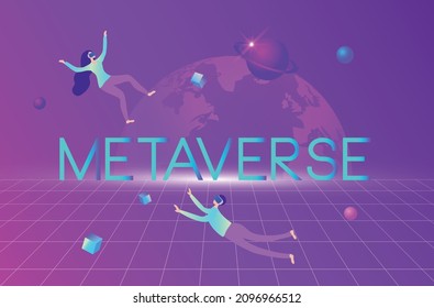 Metaverse and blockchain digital virtual reality and augmented reality technology, couple wearing virtual reality headset glasses connecting to virtual space and universe vector illustration
