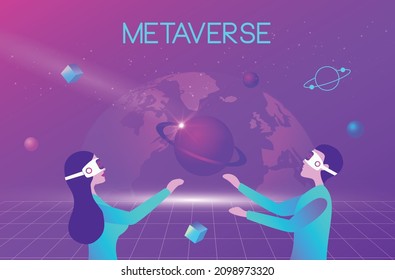 Metaverse digitale virtuelle Realität und Augmented Reality-Technologie, Paar mit Headset-Brille für virtuelle Realität, die mit virtuellem Raum und Universum-Vektorgrafik verbunden ist