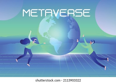 Metaverse and blockchain digital virtual reality and augmented reality technology, couple wearing virtual reality headset glasses connecting to virtual space and universe vector illustration
