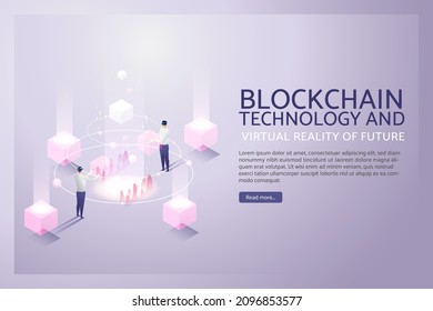 Metaverse And Blockchain Technology, Virtual Reality Technology For Users Digital Future Technology, Landing Page Website. Isometric Vector Illustration.