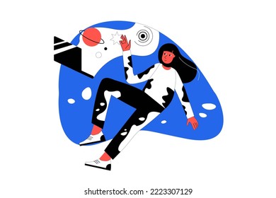 Metaverse blue concept with people scene in the flat cartoon style. Girl go into a cyber space using her laptop and knowledge about innovation technologies. Vector illustration.