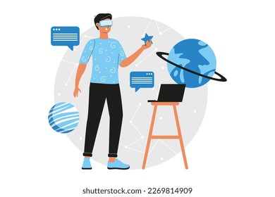 Metaverse blue concept with people scene in the flat cartoon style. Boy studies cosmic elements with the help of innovative technologies. Vector illustration.