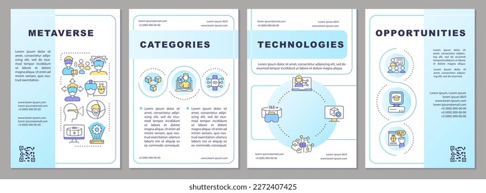 Metaverse blue gradient brochure template. Virtual reality. Leaflet design with linear icons. 4 vector layouts for presentation, annual reports. Arial-Bold, Myriad Pro-Regular fonts used