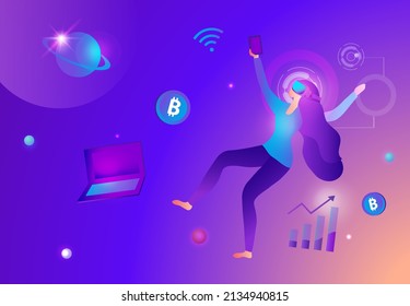 Metaverse in business concept. Businesswoman wearing virtual reality goggle glass, having 3d experience in virtual reality in business world vector illustration. 