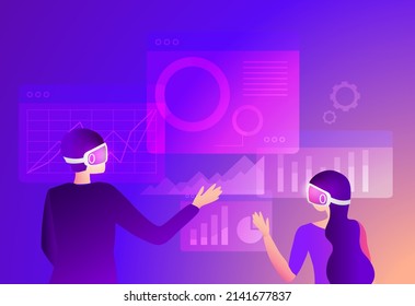 Metaverse in business concept. Business people wearing virtual reality goggle glass, having 3d experience in virtual reality in business world vector illustration. 