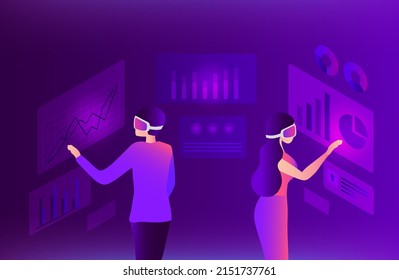 Metaverse in business concept. Business people wearing virtual reality goggle glass, having 3d experience in virtual reality in business world vector illustration. 
