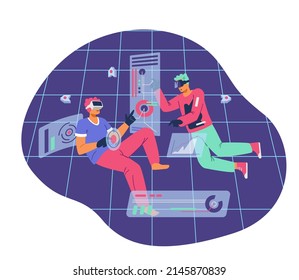 Metaverse for business concept. Two men in VR headsets flying in cyberspace working with charts flat vector illustration.