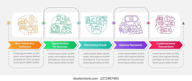 Metaverse para plantilla infográfica de rectángulo de negocio. Visualización de datos con 5 pasos. Gráfico de información de línea de tiempo editable. Diseño de flujo de trabajo con iconos de línea. Multitud de tipos de letra Pro-Bold, con uso regular