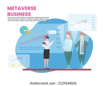 Metaverse business vector concept. Businesswoman animation wearing VR goggles while doing presentation with her partners in the metaverse