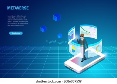 Metaverse in business workplace virtual reality environment. Businessman wear VR goggle glass experience 3D graph chart on smart phone metaverse screen device for smart analysing and decision making.