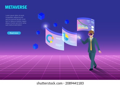 Metaverse in business workplace virtual reality environment. Businessman wear VR goggle glass experience 3D graph chart on smart phone metaverse screen device for smart analysing and decision making.