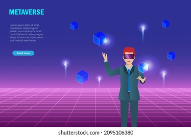 Metaverse in business workplace virtual reality environment. Businessman wear VR goggle glass experience 3D block chain metaverse in futuristic simulation background.