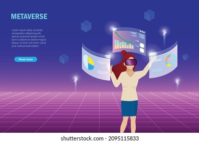 Metaverse in business workplace virtual reality environment. Woman experience 3D graph chart simulation metaverse for smart analysing and decision making. Metaverse and break woman science bias