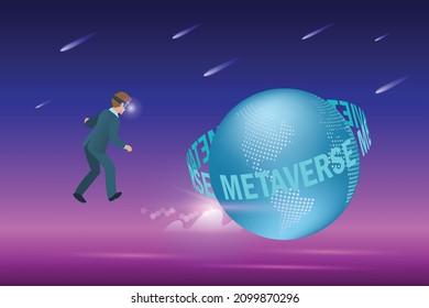 Metaverse in business workplace virtual reality environment. Businessman wear VR goggle glass experience 3D block chain metaverse in futuristic background.