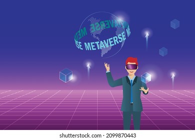 Metaverse in business workplace virtual reality environment. Businessman wear VR goggle glass experience 3D block chain metaverse in futuristic background.