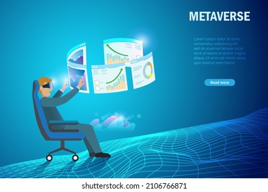 Metaverse in business workplace virtual reality environment. Businessman wear VR goggle glass experience 3D analysing graph chart metaverse in futuristic background.