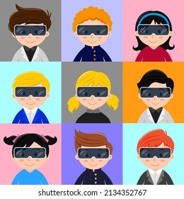 Metaverse cartoon, Happy kids wearing vr augmented reality mask online world