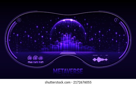 Metaverse City Future Concept. View From Vr Glasses On Concept Of Virtual Digital Reality. Simulation Of Network Futuristic World. Future Digital Technology Metaverse. 3d Vector Illustration.