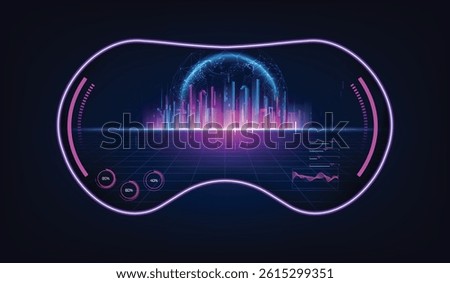 Metaverse city future concept. View from vr glasses on concept of virtual digital reality. Simulation of network futuristic world. Future digital technology metaverse. 3d vector illustration.