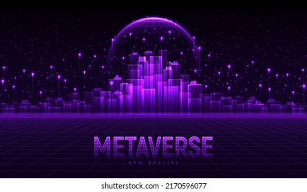 Metaverse City Zukunftskonzept. Konzept der virtuellen digitalen Realität. Simulation der Netzwerk-futuristischen Welt. Zukünftige digitale Technologie-Metaverse. 3D-Vektorgrafik. Innovative globale Technologie.