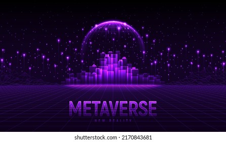 Metaverse city future concept. Concept of virtual digital reality. Simulation of network futuristic world. Future digital technology metaverse. 3d vector illustration. Innovation global technology.