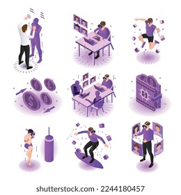 Metaverse color isometric set of compositions with virtual reality blocks screens crypto wallets and human characters vector illustration