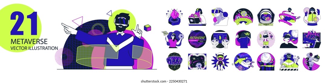 Metaverse concept with character situations collection. Bundle of scenes people wearing VR headsets, playing and avatar networking in cyberspace simulation. Vector illustrations in flat web design