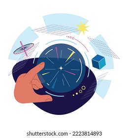 Metaverse concept. Digital environment or online virtual platform. Character im augmented reality and cyberspace. Flat vector illustration