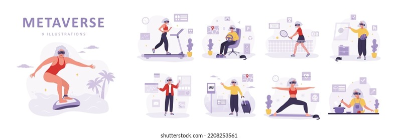 Metaverse concept. Elderly women in VR headsets working, doing sport and painting. Video game simulator. Modern technological entertainment. Set of vector illustrations in flat style.