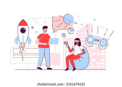 Metaverse concept in flat line design. Man and woman using virtual reality headset for learning, gaming. Futuristic innovation for entertainment. Vector illustration with outline people scene for web