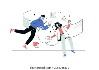 Metaverse concept in flat line design. Man and woman using VR headsets and controllers for learning and gaming with virtual augmented simulation. Vector illustration with outline people scene for web