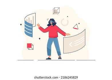 Metaverse concept in flat line design with people scene. Woman in virtual reality glasses working with data and interacting with screen holograms in metaverse world. Vector illustration for web