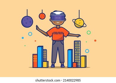 Metaverse concept in flat outline design. Man wearing VR headset for learning or gaming with virtual simulation and augmented reality technology. Vector illustration with colorful line web scene