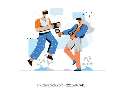 Metaverse concept with human scene in flat style. Man and woman in VR headset with controllers and tablet play and interact with virtual reality. Vector illustration with character design for web