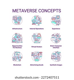 Metaverse concept icons set. Technology of virtual reality development idea thin line color illustrations. Isolated symbols. Editable stroke. Roboto-Medium, Myriad Pro-Bold fonts used