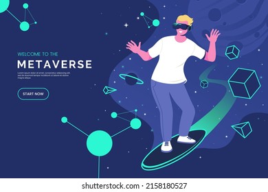 Metaverse concept. Man in Virtual Reality glasses connected to the virtual world. Male character in digital space. Modern technological entertainment. Internet surfing. Vector illustration