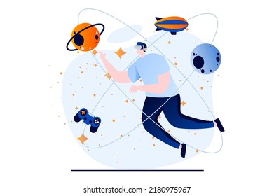 Metaverse concept with people scene in flat cartoon design. Man in VR headset interacts in virtual simulation with planets and explores cosmos in cyberspace. Vector illustration visual story for web