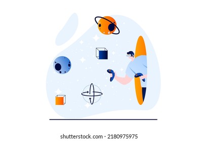 Metaverse concept with people scene in flat cartoon design. Man in VR headset with controllers interacts with virtual planets in cosmos simulation game. Vector illustration visual story for web