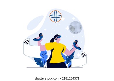 Metaverse concept with people scene in flat cartoon design. Woman in VR headset with controllers researching space and working with data in virtual simulation. Vector illustration visual story for web