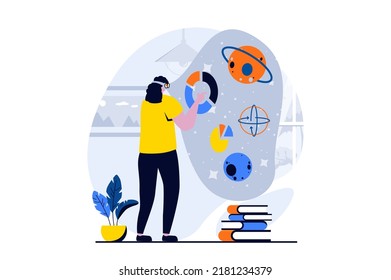 Metaverse concept with people scene in flat cartoon design. Woman in VR headset interacts in virtual simulation with planets, touching diagram and researching. Vector illustration visual story for web