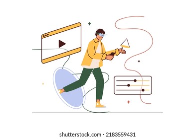 Metaverse concept with people scene in flat cartoon design. Man interacts with digital objects using virtual reality technologies in a virtual space. Vector illustration.