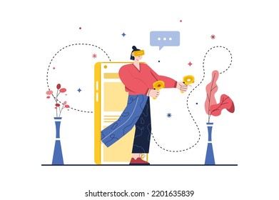 Concepto de metaverse con escena de personas en el estilo de dibujos planos. El hombre juega en el ciberespacio, al que entró con la ayuda de un teléfono y un par de gafas. Ilustración vectorial.