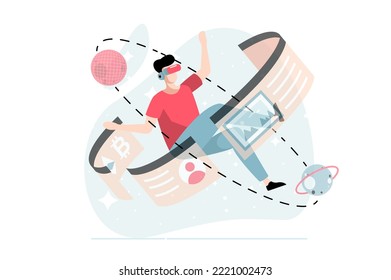 Metaverse concept with people scene in flat design. Man wearing VR headset playing in virtual space, getting user experience in cyber simulation. Vector illustration with character situation for web
