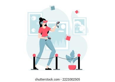 Metaverse concept with people scene in flat design. Woman wearing VR headset and holding controllers getting experience in augmented simulation. Vector illustration with character situation for web