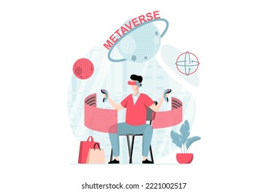 Metaverse concept with people scene in flat design. Man wearing VR headset interacting with virtual screens, playing or having virtual shopping. Vector illustration with character situation for web