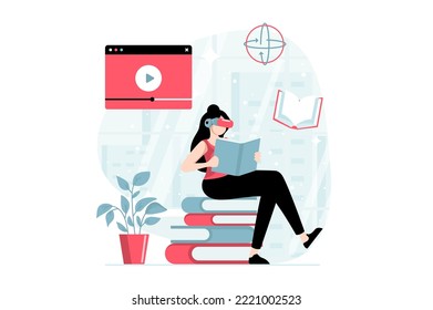 Metaverse concept with people scene in flat design. Man wearing VR headset reads book in virtual reality, learning at interactive science platform. Vector illustration with character situation for web