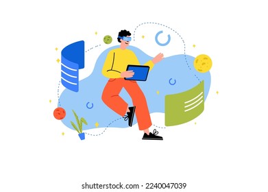 Metaverse concept with people scene in the flat cartoon style. Guy are using different digital gadgets on the cyber space. Vector illustration.